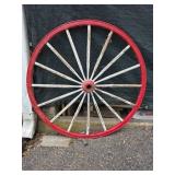 Vintage Wooden Wagon Wheel with Red and White Pain