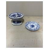 Blue Floral Porcelain Pedestal Stand and Plate by