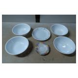 Five White Ceramic Bowls with Floral Plate and Dec