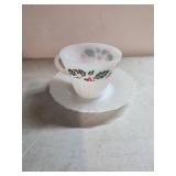 Eight Milk Glass Holly Pattern Teacups and Saucers