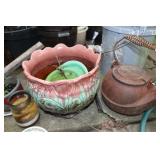 Antique planter, cast iron kettle & more