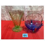 Vtg uranium glass&Cobalt blue glass bowl basket