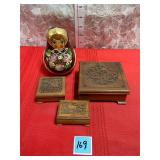 Vtg. Russian music Doll & hand carved music boxes