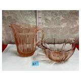 Vtg Pink depression glass small pitcher and bowl