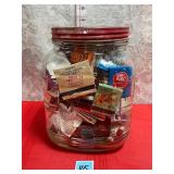 VINTAGE GLASS JAR WITH ADVERTISING MATCHBOOKS