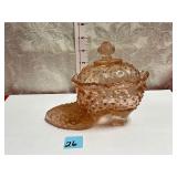 VTG. PINK DEPRESSION GLASS HOBNAIL SHOE W/LID