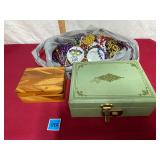 Vtg Jewelry Box,Trifari Brooch&Mardi Gras Beads