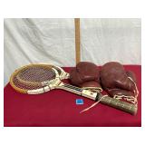 Vtg. boxing gloves and tennis rackets