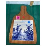 Vintage Delft Blue Windmill Tile Wood Cheese Board