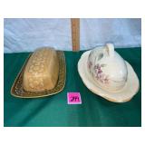 two distinct vintage covered butter dishes