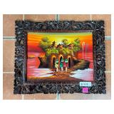 Balinese Vtg Market Scene Carved Frame Painting