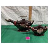 1950s Japanese Redware Duck Sugar Bowl & Pot