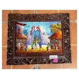 Balinese Vtg Market Scene Carved Frame Painting