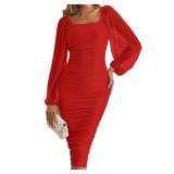 MEROKEETY Women s Long Puff Sleeve Ruched Bodycon