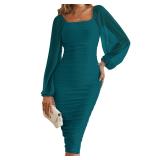MEROKEETY Women s Long Puff Sleeve Ruched Bodycon