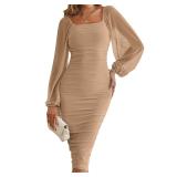 MEROKEETY Women s Long Puff Sleeve Ruched Bodycon