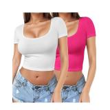 2 Packs Women s Square Neck Short Sleeve Crop Top