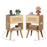WLIVE Rattan Nightstands Set of 2 with Charging