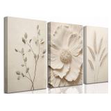 3Pcs Neutral Beige Floral Plant Canvas Wall art