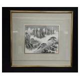 Mountain & Village Scene in Ink & Watercolor