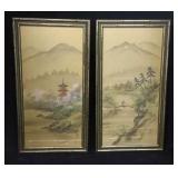 Pair of Golden Mountain Paintings on Silk