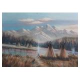 Large Native American Oil Painting w Teepees