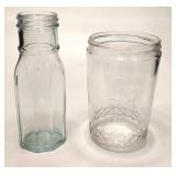 (2) Glass Jars 1 measuring jar 1 blue tint (2) Glass Jars 1 measuring jar 1 blue tint