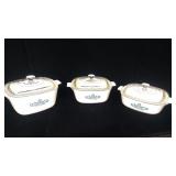 3 Blue and White Corningware Dishes w Lids 3 Blue and White Corningware Dishes w Lids
