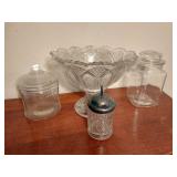 (4) Glass Canisters w/ Pressed Glass Bowl (4) Glass Canisters w/ Pressed Glass Bowl