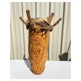 Carved Wood Tribal Drum Animal Skin Head Faces Carved Wood Tribal Drum Animal Skin Head Faces