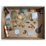 Box of Smalls Jewelry, Metal Tags, Thimble, More