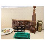 Mixed Lot Wood Panel Art, Decanter, Abacus, Dish