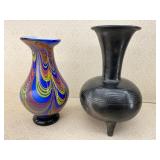 (2) Vases, Glass Swirl Art Glass, Black Terracotta