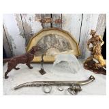 Decorative Lot Cast iron Dog, Fan in Shadow Box