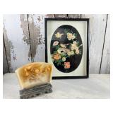 Soapstone Bird Flower Carving, Abalone Framed Art