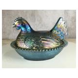 Carnival Glass Hen on Nest w Iridecent Glow