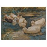 Antique Watercolor Ducks on a Pond