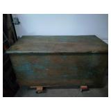 1800-50s Blue Painted Trunk w Handcut Dovetails