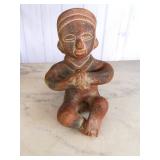 Mesoamerican Clay Statue of Sitting Man & Leaf