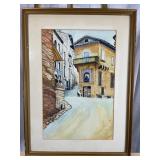 Mid-Century Pastel on Paper Spanish Italian Town