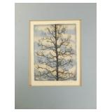 Etching Hand Colored Tree Clouds Signed