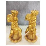 Pair Soapstone & Gilded Gesso Cherub Oil Sticks