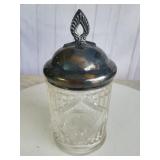 Patterned Glass Jam Jar Silver Plate Lid 7'