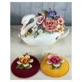 Porcelain Swan Music Box & (2) Capodimonte Flowers