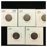 (5) 1889-1898 Indian Head Pennies 1c