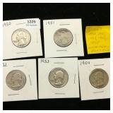 (5) 1950s Washington Quarters 25c ($1.25)