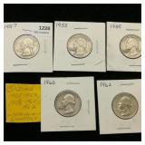 (5) 1950-60s Washington Quarters 25c ($1.25)