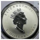 2000 Canada $5 Silver Coin DCAM Maple Leaf 1 t oz.