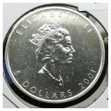 2001 Canada $5 Silver Coin Maple Leaf 1 t oz.