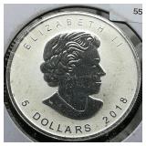2018 Canada $5 Silver DCAM  Maple Leaf 1 t oz.